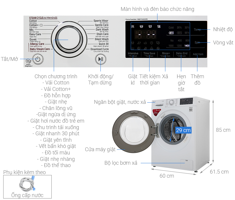 Máy giặt LG 8Kg inverter FC1408S5W 