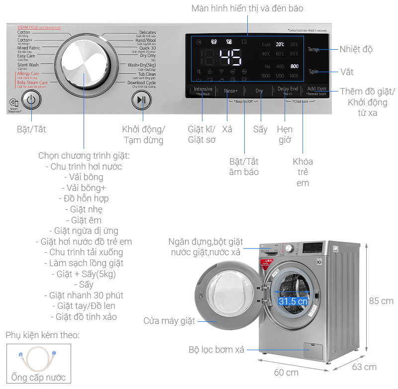 Máy giặt sấy LG lồng ngang 9 kg FV1409G4V- mẫu 2020