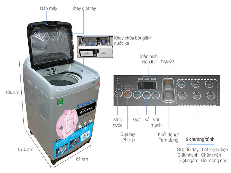 Máy giặt Samsung 9 kg lồng đứng WA90J5710SG/SV