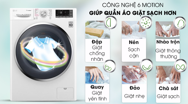 Máy giặt LG Inverter 9 kg FC1409S4W - Nâng cao hiệu quả giặt sạch với công nghệ 6 Motion