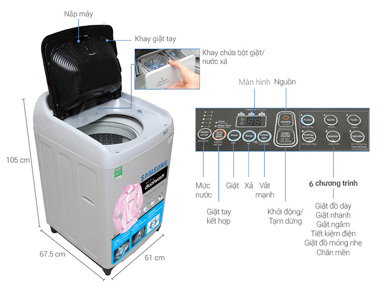 Thông số kỹ thuật Máy giặt Samsung 8.5 kg WA85J5712SG/SV